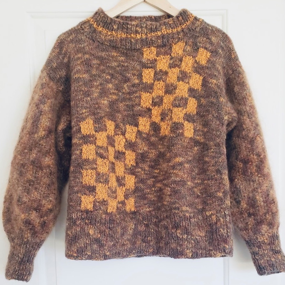 Vintage Brown and Orange Checkered Women’s Wool Sweater
